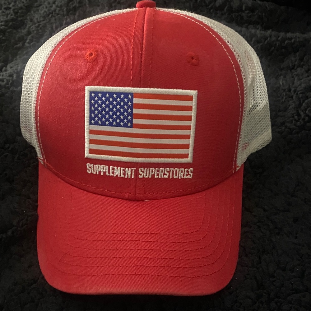 Red and White Trucker Hat with American Flag